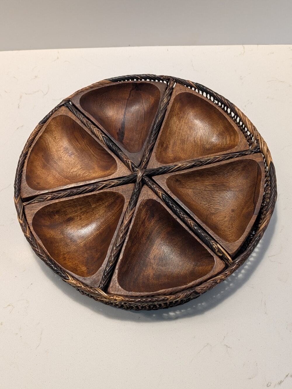 Vtg MCM handcrafted wood serving platter wicker holder Charcuterie Tiki Barware